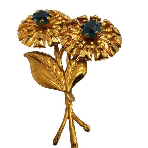 Green Rhinestone Double Flower Brooch Gold Tone Bouquet Spray Pin Large Vtg 40s - Picture 3 of 9